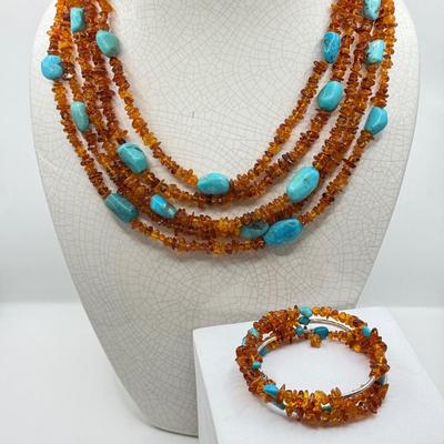 LOT 105: Amber & Turquoise 16” Multi-Strand Necklace w/ Matching Wire Bracelet - 100g