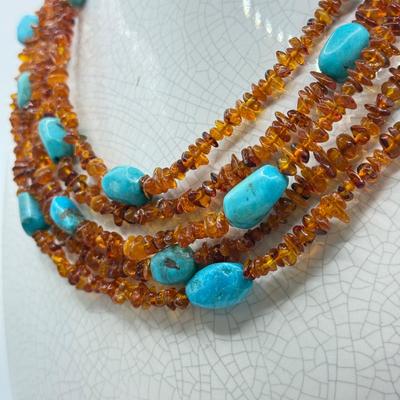 LOT 105: Amber & Turquoise 16” Multi-Strand Necklace w/ Matching Wire Bracelet - 100g