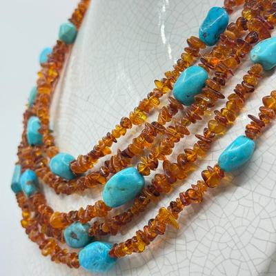 LOT 105: Amber & Turquoise 16” Multi-Strand Necklace w/ Matching Wire Bracelet - 100g