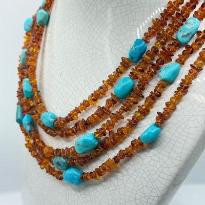 LOT 105: Amber & Turquoise 16” Multi-Strand Necklace w/ Matching Wire Bracelet - 100g
