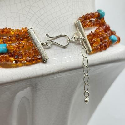 LOT 105: Amber & Turquoise 16” Multi-Strand Necklace w/ Matching Wire Bracelet - 100g