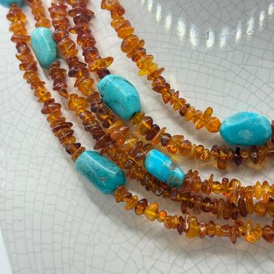 LOT 105: Amber & Turquoise 16” Multi-Strand Necklace w/ Matching Wire Bracelet - 100g