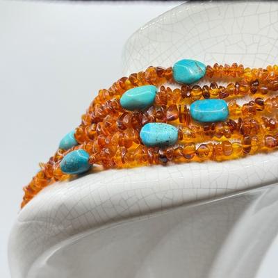 LOT 105: Amber & Turquoise 16” Multi-Strand Necklace w/ Matching Wire Bracelet - 100g