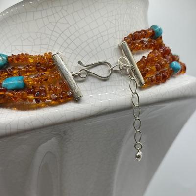 LOT 105: Amber & Turquoise 16” Multi-Strand Necklace w/ Matching Wire Bracelet - 100g