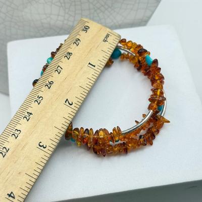 LOT 105: Amber & Turquoise 16” Multi-Strand Necklace w/ Matching Wire Bracelet - 100g