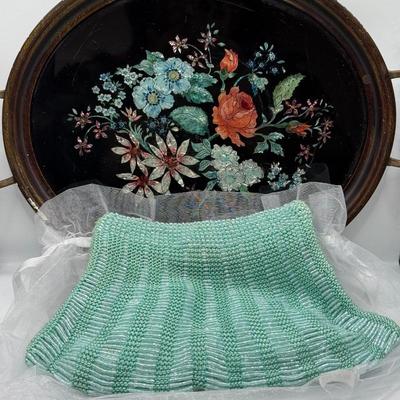 LOT 106: Beautiful Inlaid Laquered Tray w/ Vintage Teal Beaded Clutch