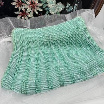 LOT 106: Beautiful Inlaid Laquered Tray w/ Vintage Teal Beaded Clutch