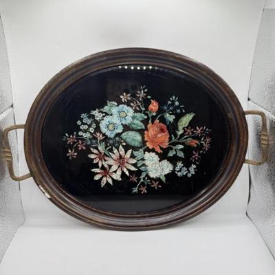 LOT 106: Beautiful Vintage Artisan Laquered Handled Tray w/ Vintage Teal Beaded Clutch-never used