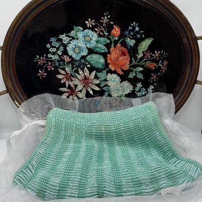 LOT 106: Beautiful Inlaid Laquered Tray w/ Vintage Teal Beaded Clutch