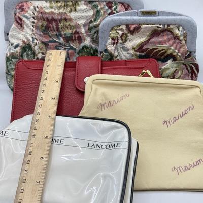 LOT 107: Red Leather Wallet w/ Collection of Clutches & Make Up Bags