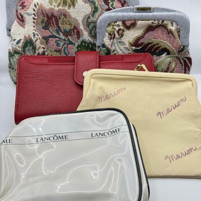 LOT 107: Red Leather Wallet w/ Collection of Clutches & Make Up Bags