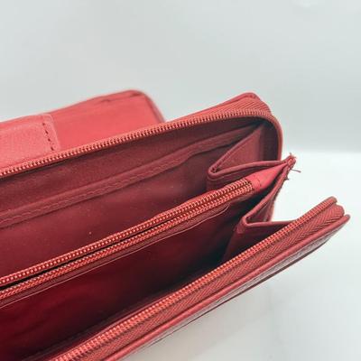 LOT 107: Red Leather Wallet w/ Collection of Clutches & Make Up Bags