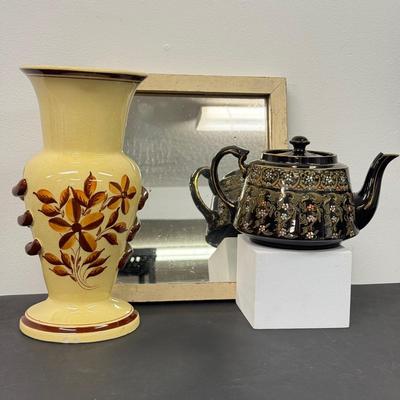 LOT 110: Weclower Hand Painted Ribbed Vase, Pendant Gibson & Sons Teapot and Antique Mirror
