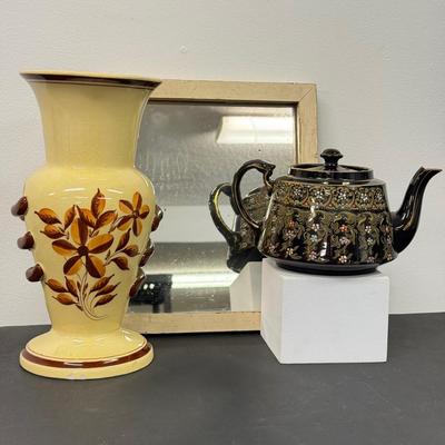 LOT 110: Weclower Hand Painted Ribbed Vase, Pendant Gibson & Sons Teapot and Antique Mirror