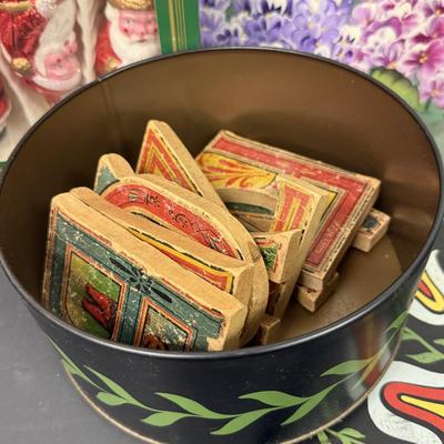 LOT 111: Uranium Glass Candle Stick Holder, Hand Painted Clip Board, Glass Santa Ornaments & More