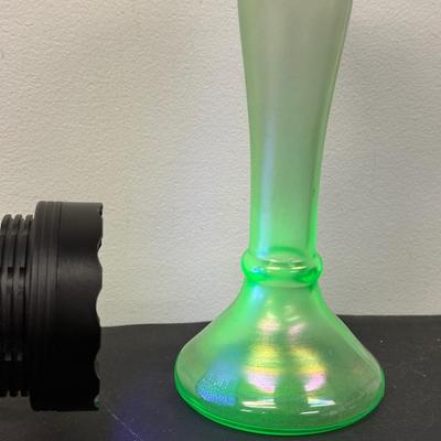 LOT 111: Uranium Glass Candle Stick Holder, Hand Painted Clip Board, Glass Santa Ornaments & More