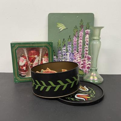 LOT 111: Uranium Glass Candle Stick Holder, Hand Painted Clip Board, Glass Santa Ornaments & More