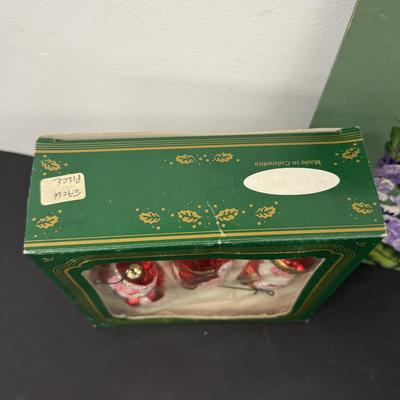 LOT 111: Uranium Glass Candle Stick Holder, Hand Painted Clip Board, Glass Santa Ornaments & More