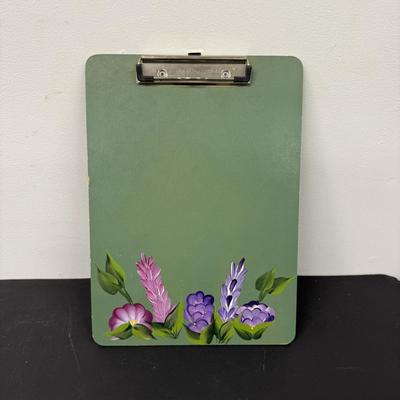 LOT 111: Uranium Glass Candle Stick Holder, Hand Painted Clip Board, Glass Santa Ornaments & More