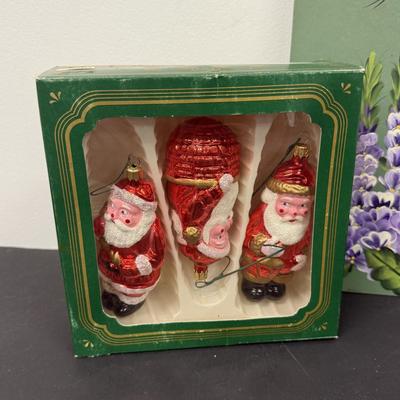 LOT 111: Uranium Glass Candle Stick Holder, Hand Painted Clip Board, Glass Santa Ornaments & More