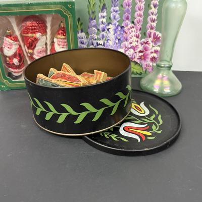 LOT 111: Uranium Glass Candle Stick Holder, Hand Painted Clip Board, Glass Santa Ornaments & More