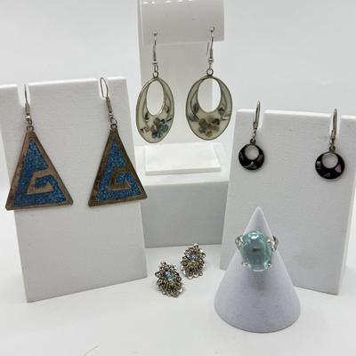 LOT 189: Sterling and Enamel Earrings w/ Sterling Ring (weight of sterling pcs only - 16.37g)