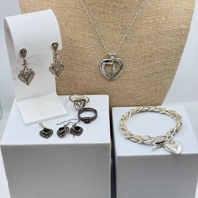 LOT 203: Collection of Mostly Sterling Heart Jewelry (25.3g)