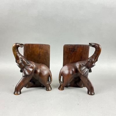 S396 Pair of Carved Wooden Elephant Bookends