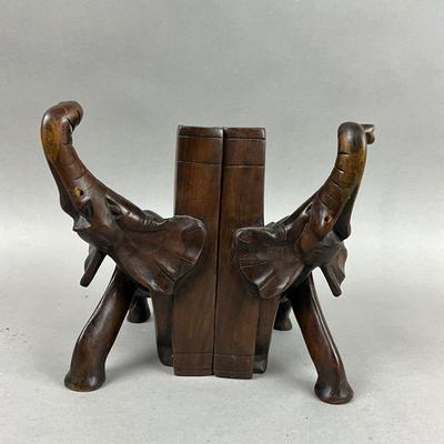 S396 Pair of Carved Wooden Elephant Bookends