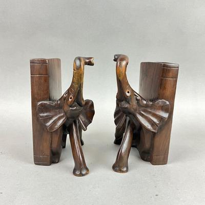 S396 Pair of Carved Wooden Elephant Bookends