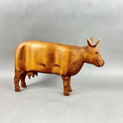 S397 Vintage Carved Wooden Cow