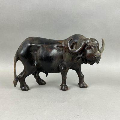 S398 Vintage Carved Ebony Bull Signed J, MWANZA