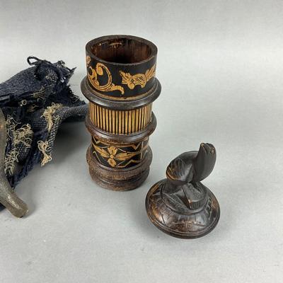 S399 Vintage African Carving of Mandarin Sitting with Lombok Container