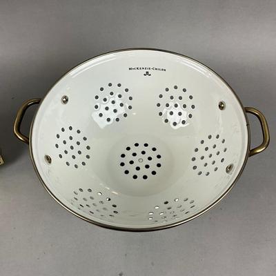 K403 MacKenzie Childs Courtly Check Colinder and Brass Check Footed Trivet