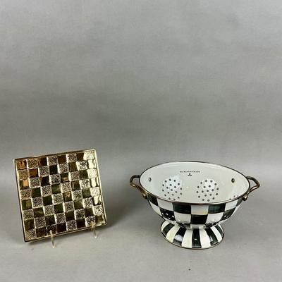 K403 MacKenzie Childs Courtly Check Colinder and Brass Check Footed Trivet