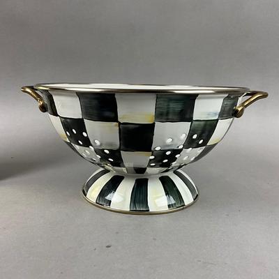 K403 MacKenzie Childs Courtly Check Colinder and Brass Check Footed Trivet