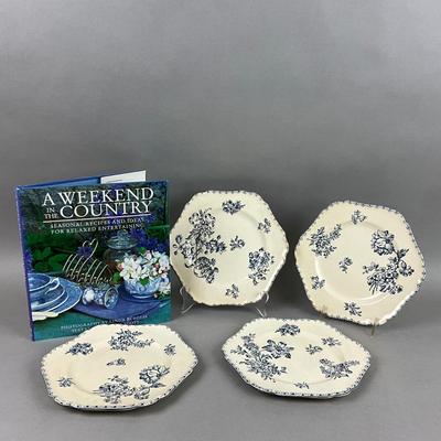 K407 Set of Four French E. Bourgeois Hexagonal Plate Set with French Cookbook