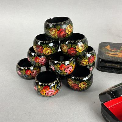 D409 Handpainted Russian Boxes, A.S. Pushkin Book, Napkin Rings