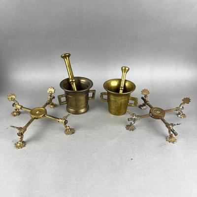 K391 Solid Brass Mortar & Pedestal With Two Footed Stands