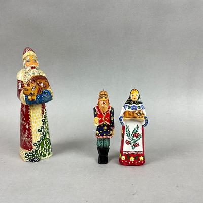 Z413 Handpainted Russian Carved Wooden Figure and Two Ornaments