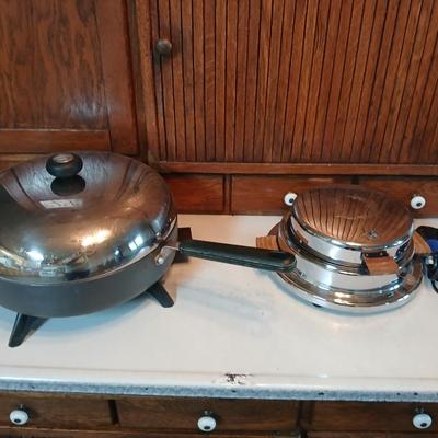 Vintage Dominion Electric waffle iron and a Circulon electric skillet