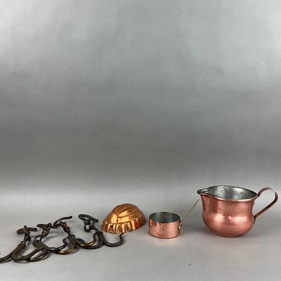 K423 Set of Vintage Misc. Copper Cookware, Shell Mold, Pot Hangers