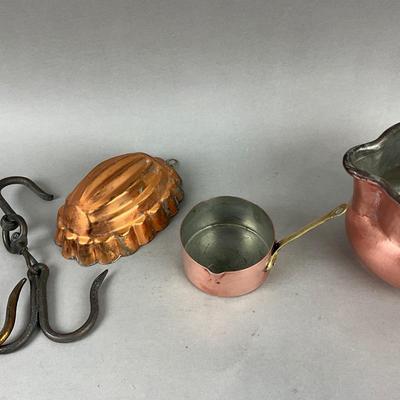 K423 Set of Vintage Misc. Copper Cookware, Shell Mold, Pot Hangers