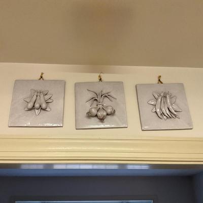 K426 Set of Three White Vegetable Terra Cotta Wall Plaques