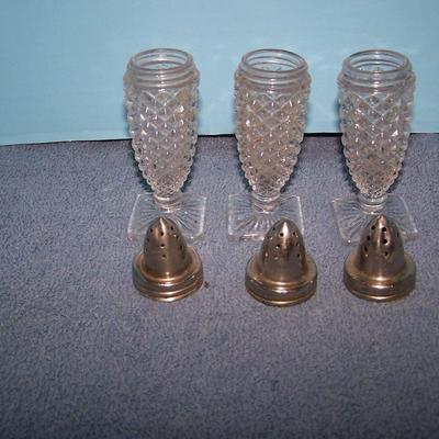 LOT 91 LOVELY VINTAGE CRYSTAL SHAKERS--1 PR STERLING TOPS