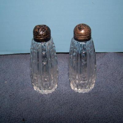 LOT 91 LOVELY VINTAGE CRYSTAL SHAKERS--1 PR STERLING TOPS