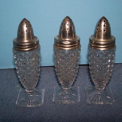 LOT 91 LOVELY VINTAGE CRYSTAL SHAKERS--1 PR STERLING TOPS