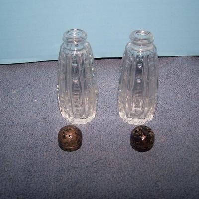 LOT 91 LOVELY VINTAGE CRYSTAL SHAKERS--1 PR STERLING TOPS