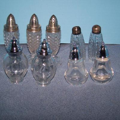 LOT 91 LOVELY VINTAGE CRYSTAL SHAKERS--1 PR STERLING TOPS