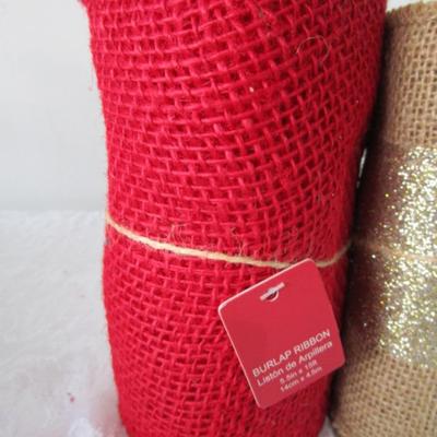 3 new rolls of burlap ribbon, 1 new pkg icicle ornaments